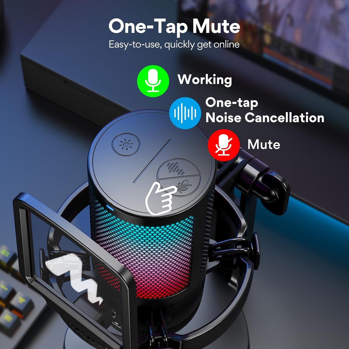 MAONO USB Gaming Microphone for PC, Noise Cancellation Condenser Mic with RGB Lights, Mute, Gain for Streaming, Recording, Podcast, Chat, Twitch, YouTube, Discord, Computer, PS5, PS4, GamerWave