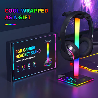 Hcman Headphone Stand Gaming Headset Holder RGB PC Gaming Accessories for Desk, Cool LED Headset Stand with 2 USB Charger for Gamer, Black