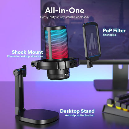 MAONO USB Gaming Microphone for PC, Noise Cancellation Condenser Mic with RGB Lights, Mute, Gain for Streaming, Recording, Podcast, Chat, Twitch, YouTube, Discord, Computer, PS5, PS4, GamerWave