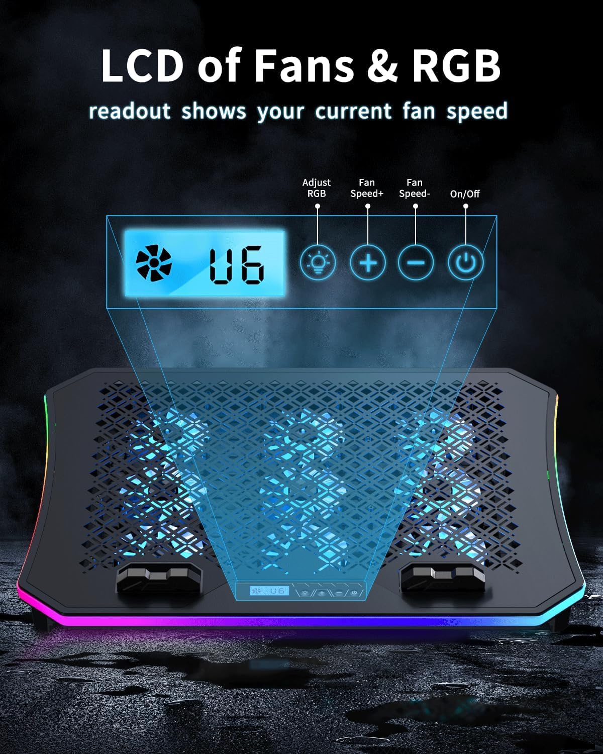 KeiBn Upgraded Gaming Laptop Cooler Pad with 9 Quiet RGB Fans, Cooling Pad for 15.6-17.3 Inch Laptops with 7 Height Stands, 2 USB Ports, Phone Stand-Blue