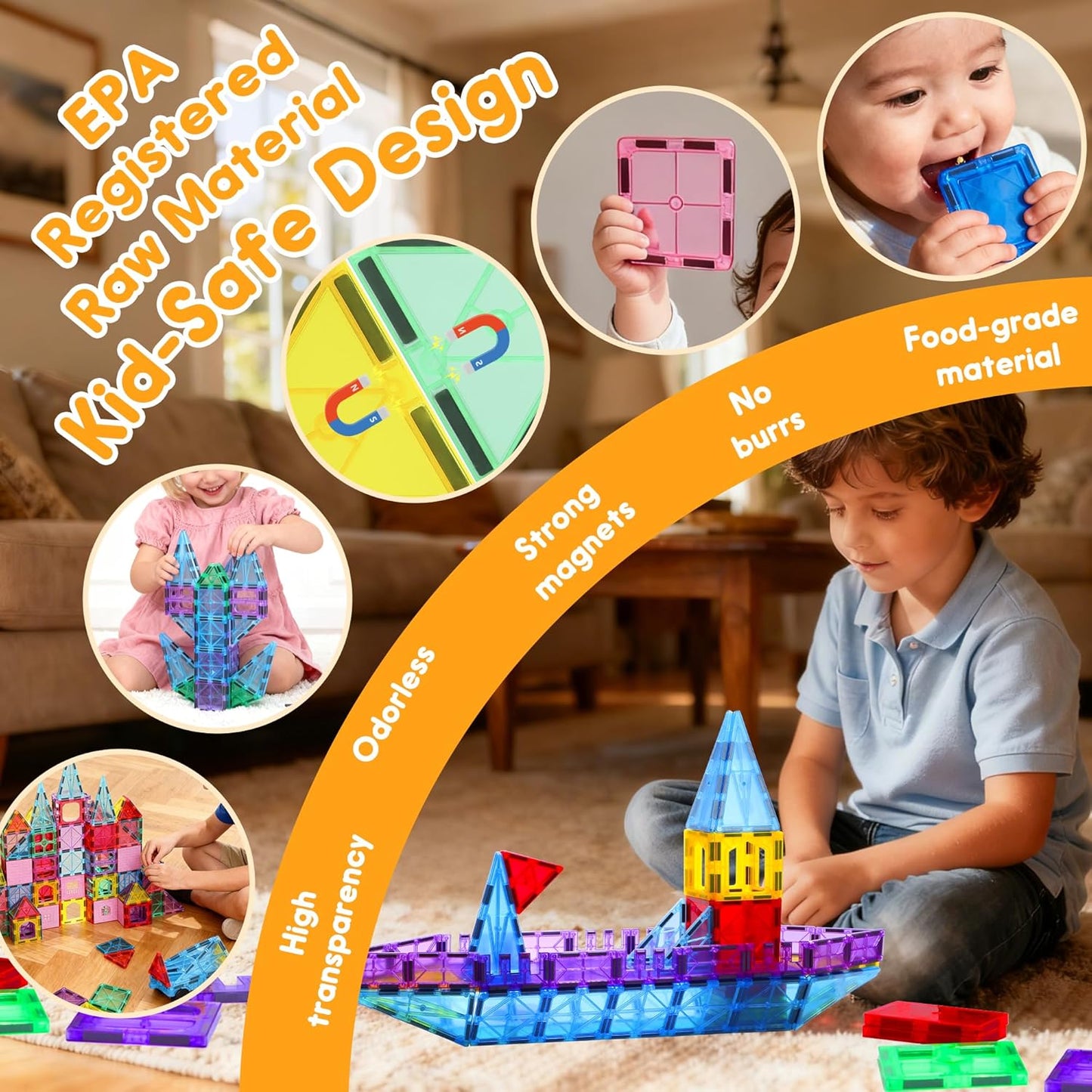 Upgraded Antibacterial Magnetic Tiles - 106 PCS Magnet Building Blocks for Kids, 3D STEM Sensory Toys | Inhibits Bacterial Growth for Safe Play | Educational Construction Set & Xmas Gift