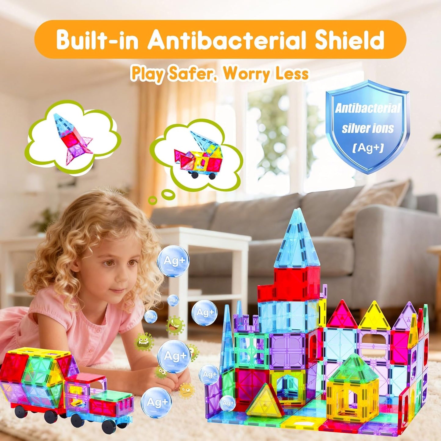 Upgraded Antibacterial Magnetic Tiles - 106 PCS Magnet Building Blocks for Kids, 3D STEM Sensory Toys | Inhibits Bacterial Growth for Safe Play | Educational Construction Set & Xmas Gift